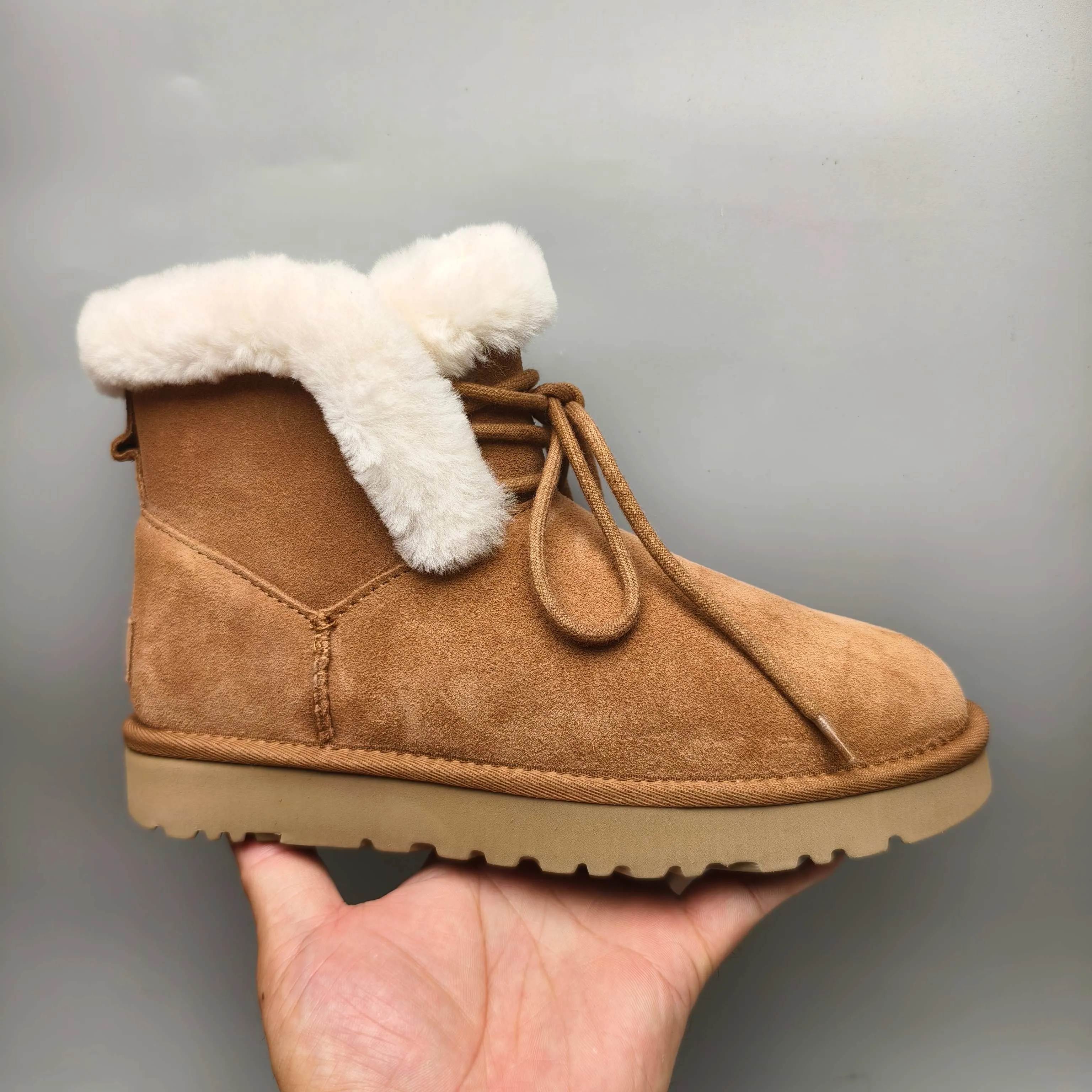 💰520 UGG sheepskin all-in-one snow boots 4576 mid-calf lace-up casual women's shoes Color: Gray Maroon Black Matching Size: 35-40